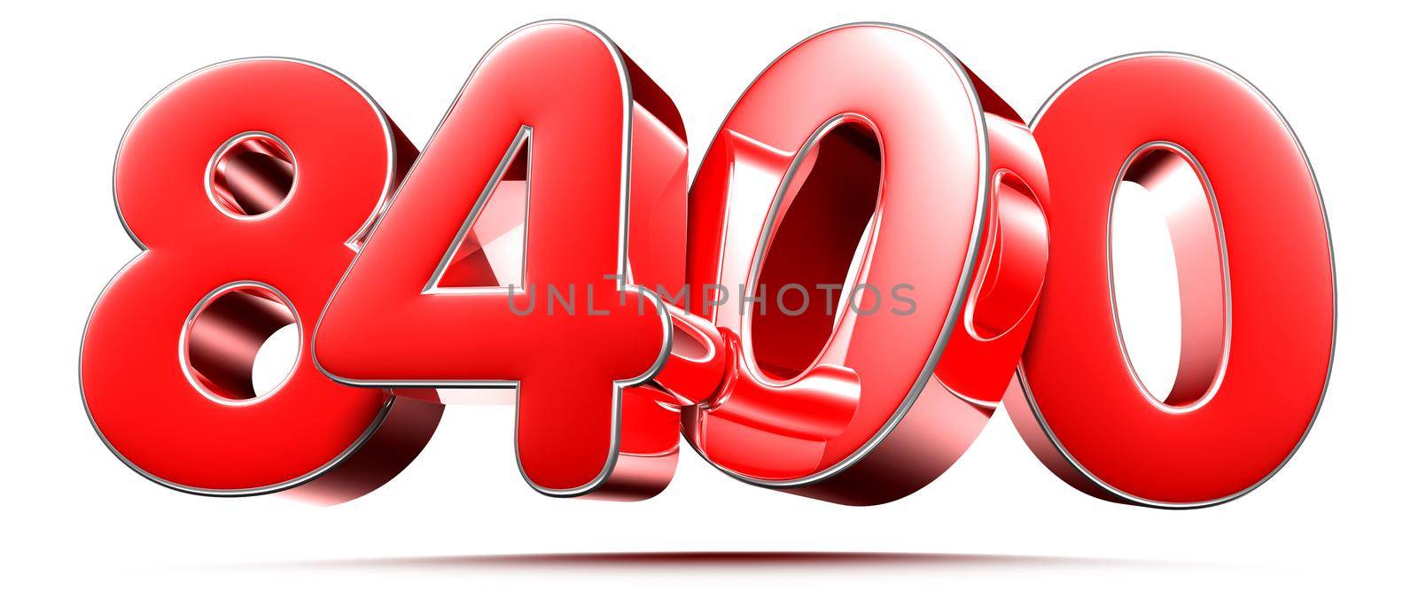 Rounded red numbers 8400 on white background 3D illustration with clipping path