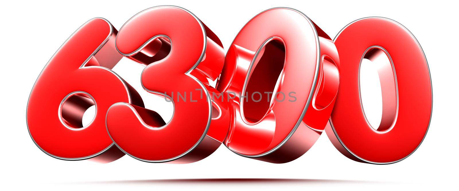Rounded red numbers 6300 on white background 3D illustration with clipping path