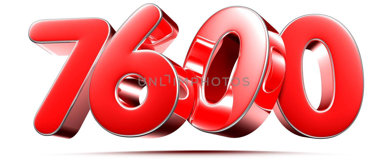 Rounded red numbers 7600 on white background 3D illustration with clipping path by thitimontoyai