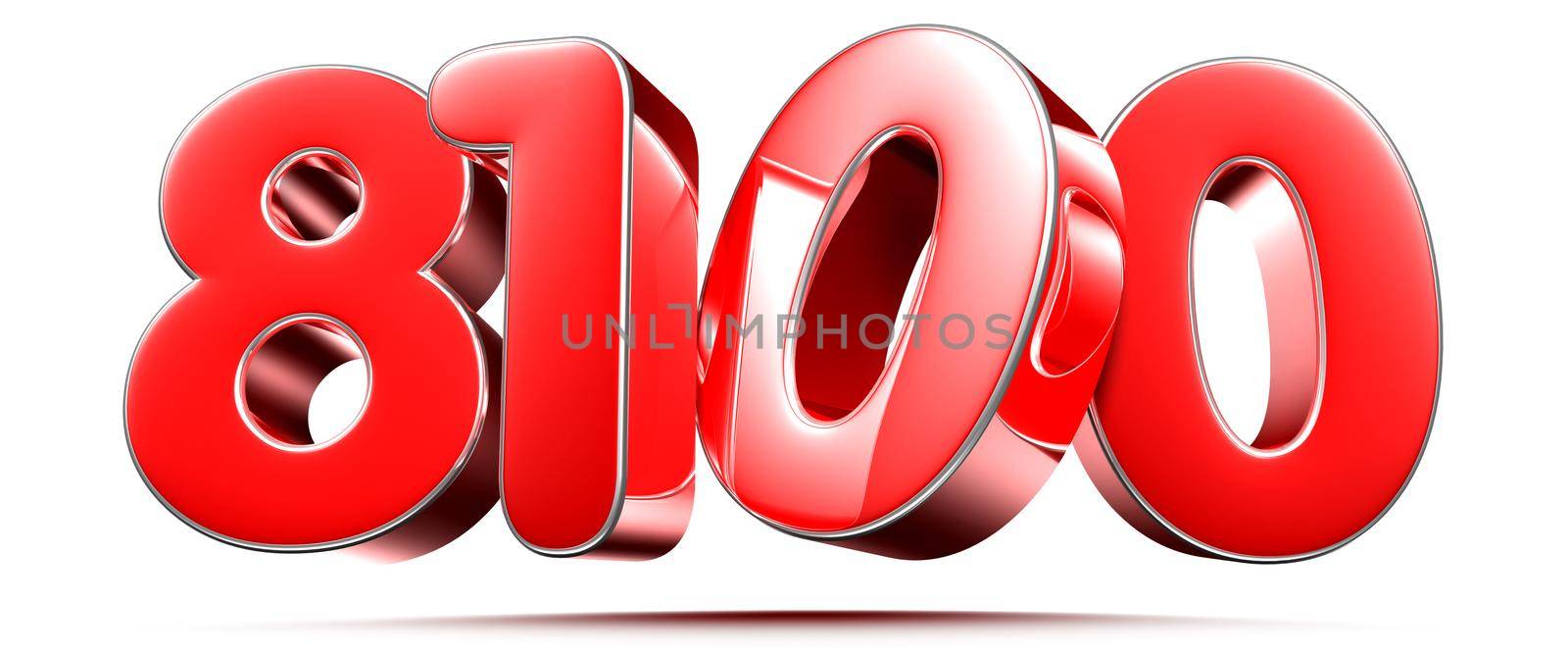 Rounded red numbers 8100 on white background 3D illustration with clipping path