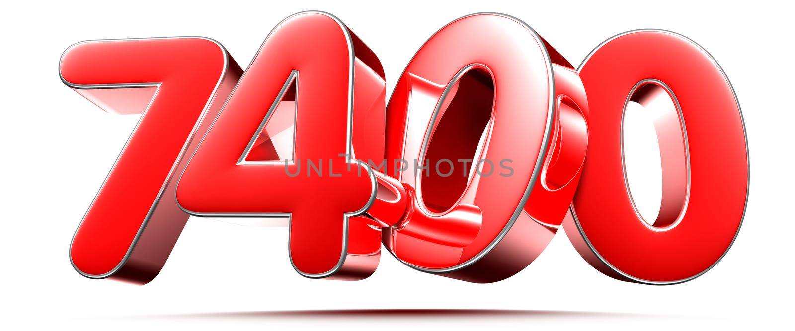 Rounded red numbers 7400 on white background 3D illustration with clipping path