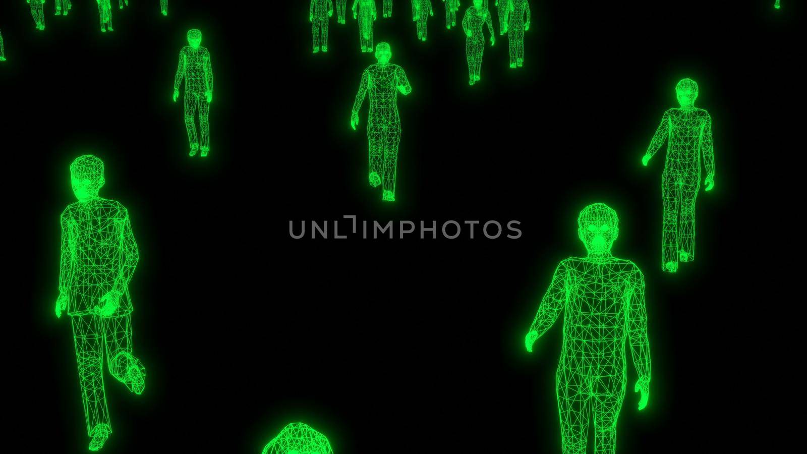 Green people matrix Communication network digital human body Data concept Binary code 3d render by Zozulinskyi