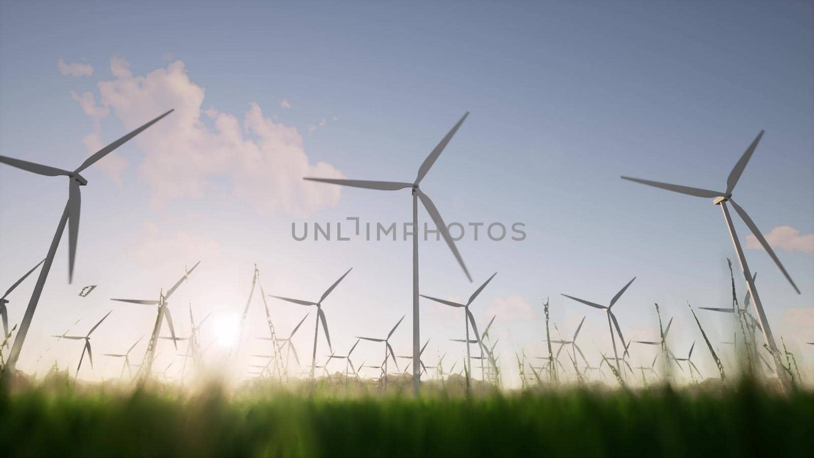 Wind generator grass dawn Electric farm Technology development windfarm ecology concept 3d render by Zozulinskyi