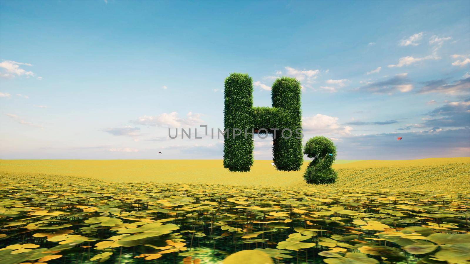 Text H2 hydrogen sustainable energy eco system green grass zero emissions concept 3d render by Zozulinskyi