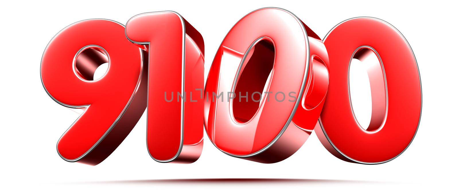 Rounded red numbers 9100 on white background 3D illustration with clipping path