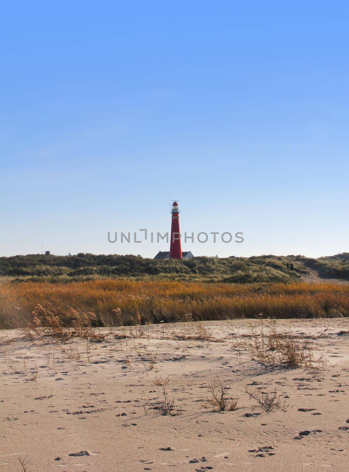 One of Schiermonnikoog's (the Netherlands) lighthouses, the Noordertoren, seen from the beach. This tower is bright red. You can see a bit of the sand and the dunes. Clear sky.