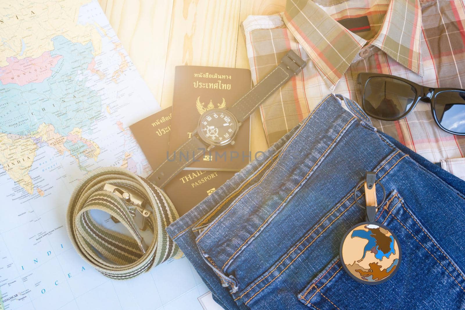 Jeans, Shirt, Passports, Map, Sunglasses, Watch, Belt Of Travel Prepared For The Trip, Travel Accessories Costumer, Vintage Filter