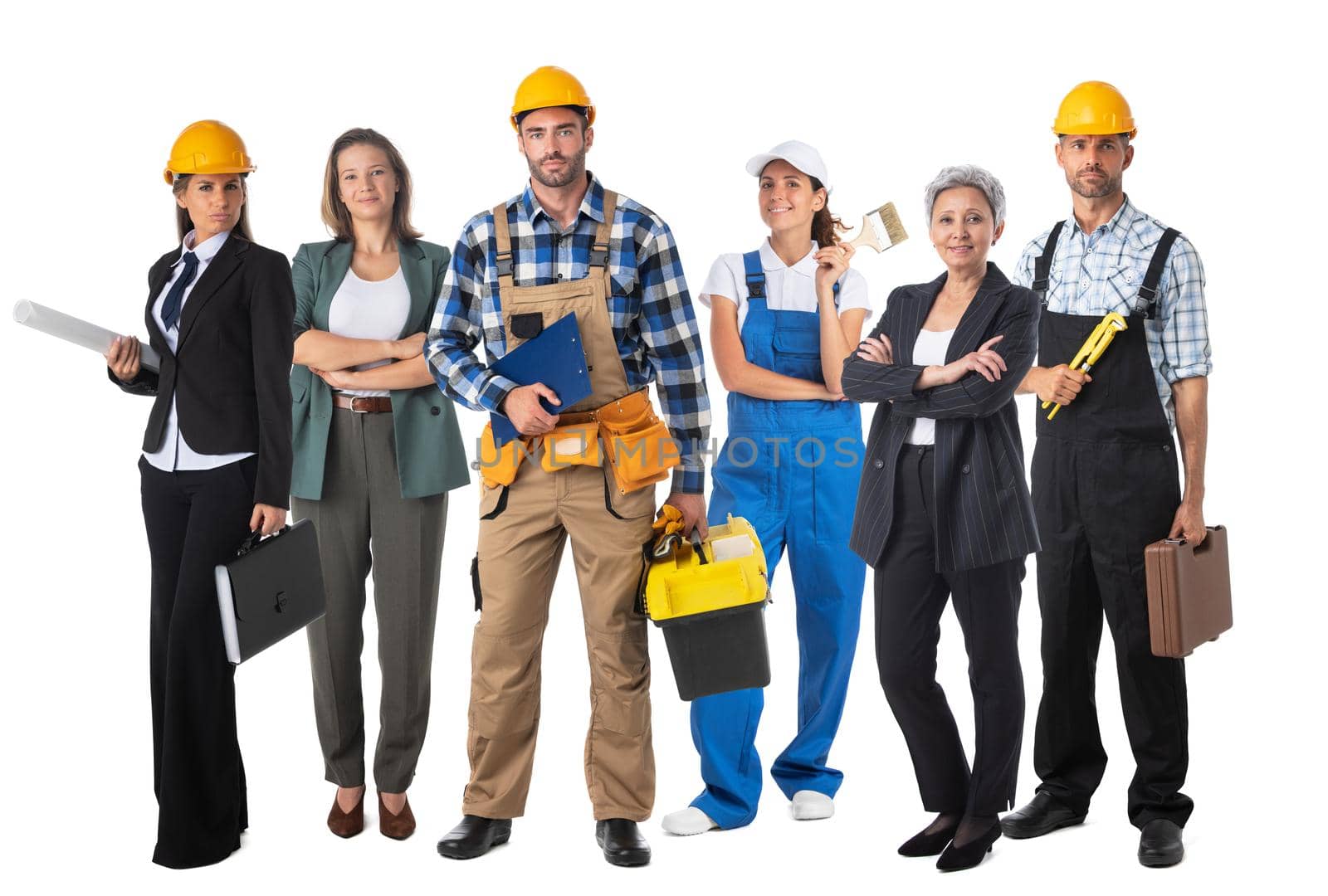 Full length portrait of confident Construction industry workers isolated on white background