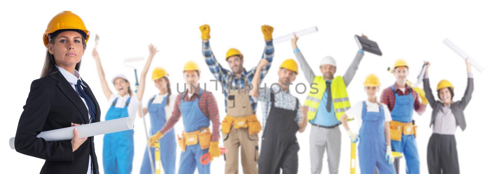 Female architect and confident construction industry workers isolated on white background
