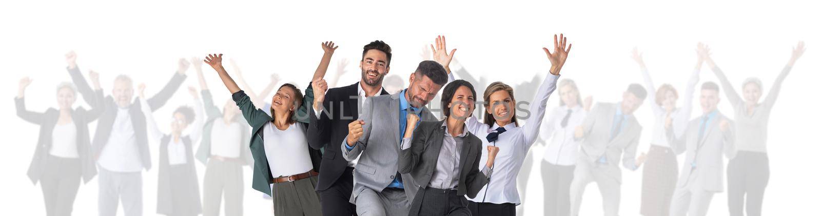 Large and very happy business group with arms raised isolated over a white background