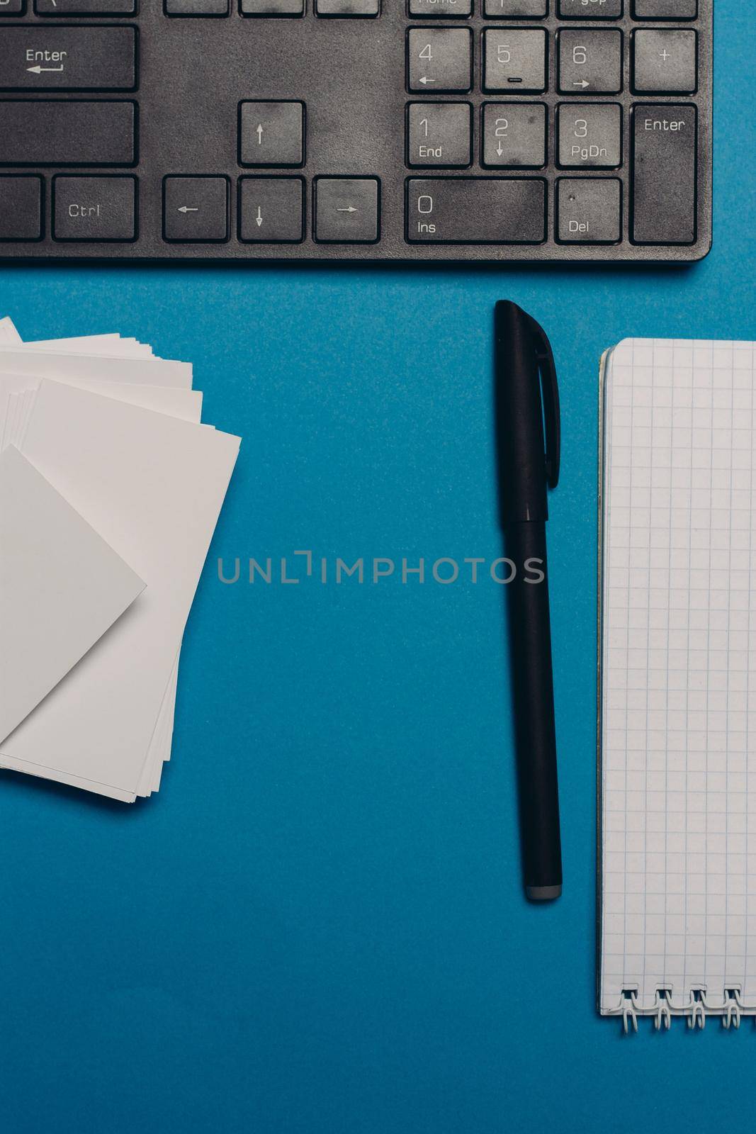 desktop keyboard business cards copy-space top view. High quality photo