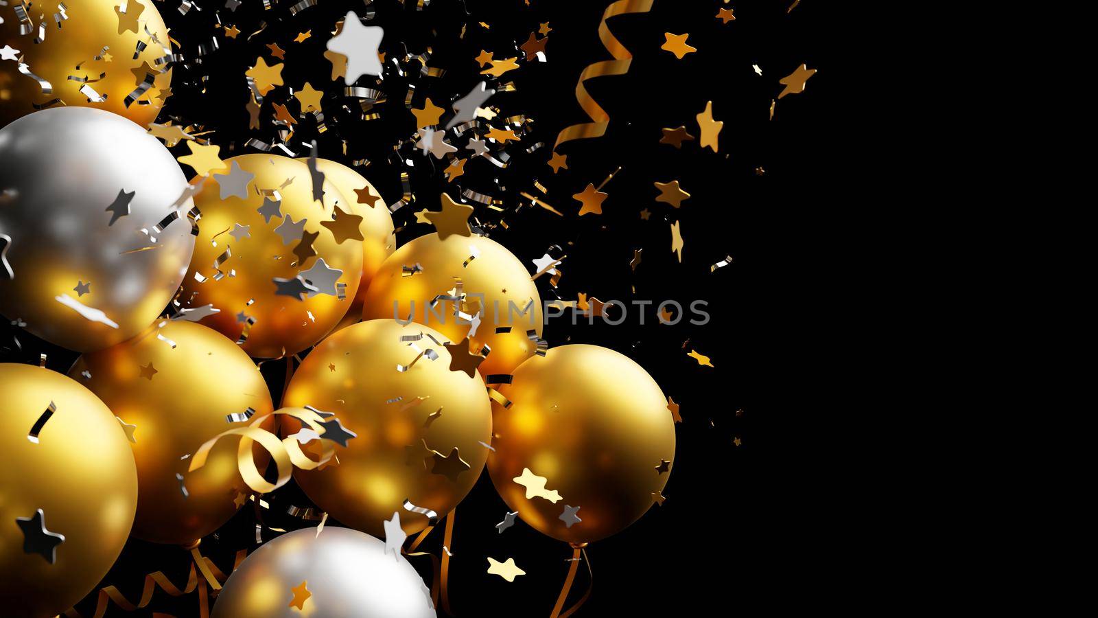 Gold and silver balloon with foil confetti falling on black background 3d render by Myimagine