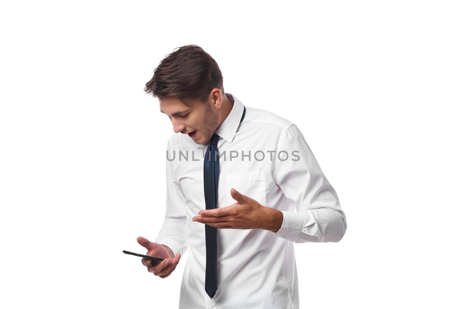 manager in white shirt with tie office emotions isolated background by Vichizh