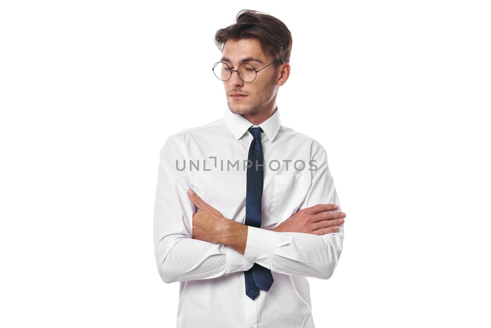 manager with glasses gesturing with his hands studio lifestyle. High quality photo