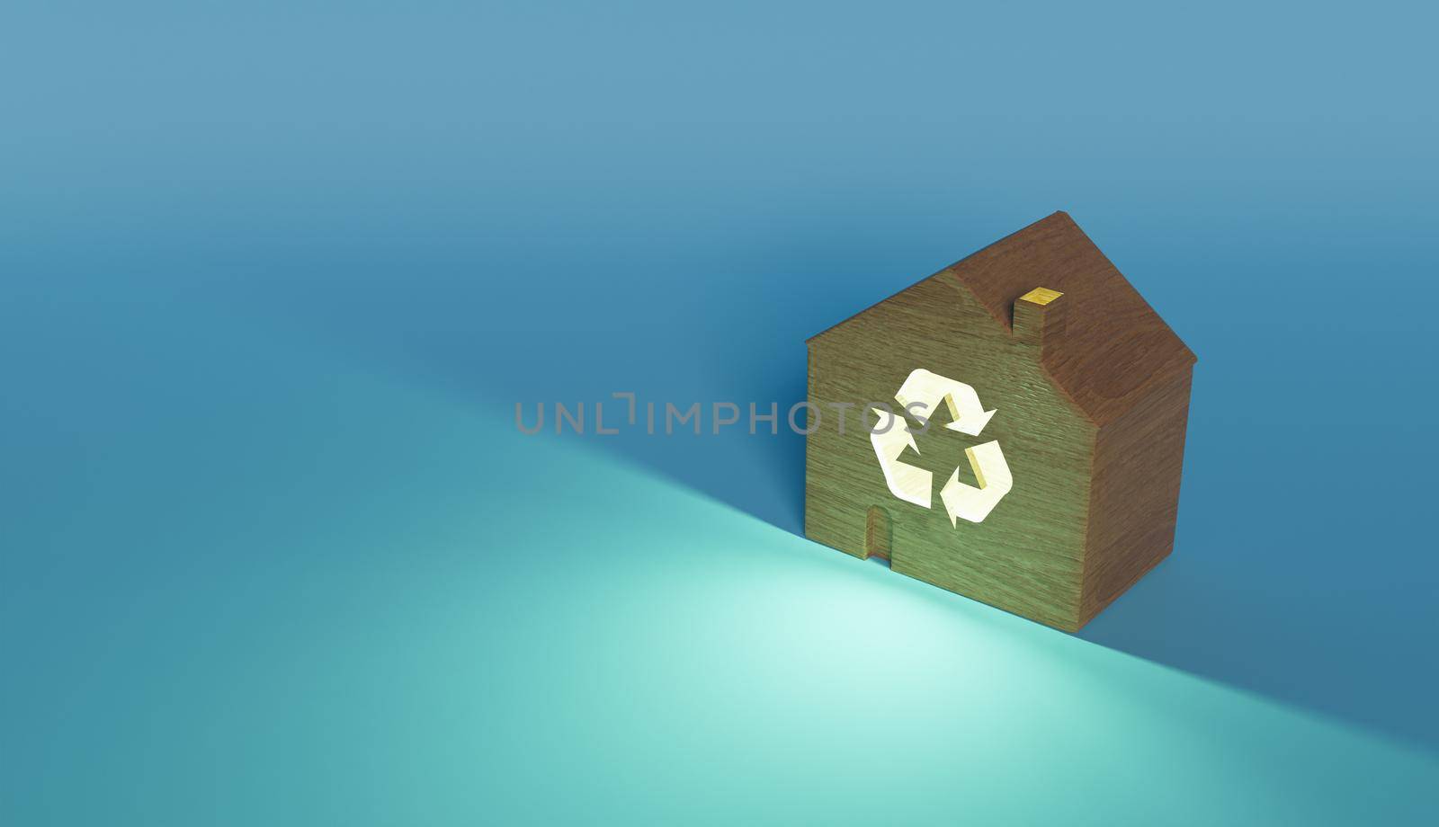 wooden house with recycling symbol illuminated on blue background with space for text. sustainable housing concept. 3d render