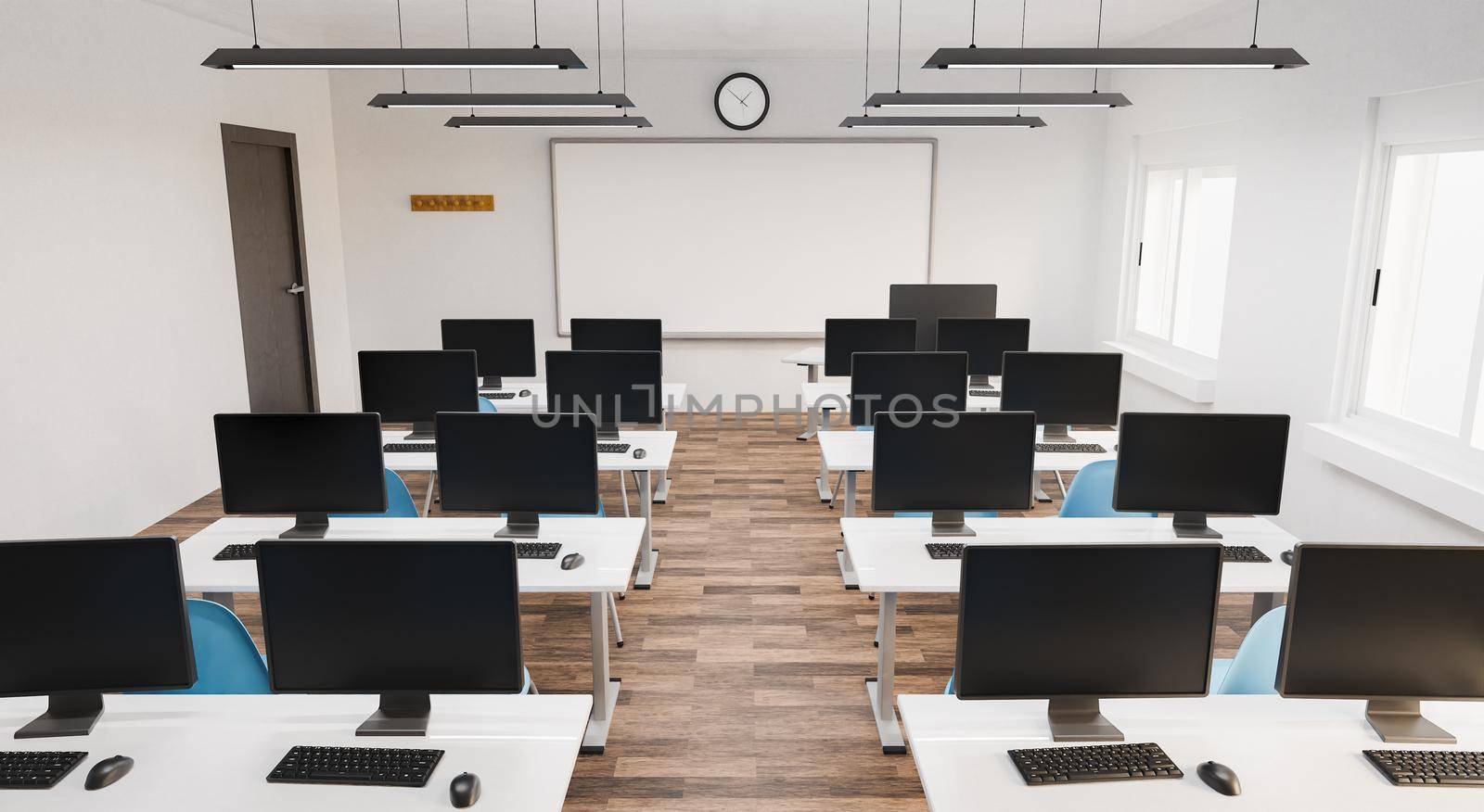 modern classroom with computers at the desks. education concept, online, e-learning. 3d render
