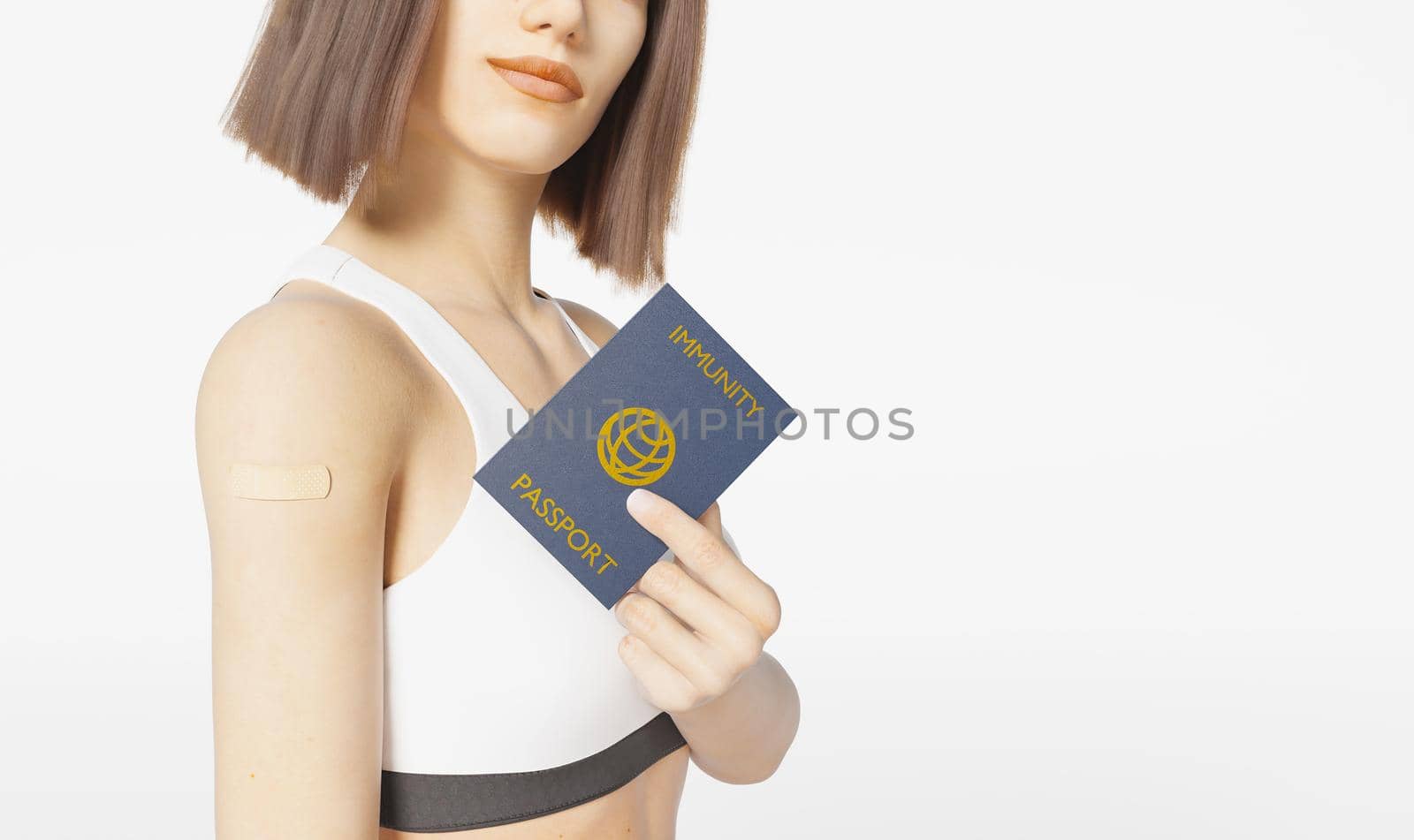 girl holding coronavirus immunity passport with band-aid put on her arm for having been vaccinated. white background. 3d rendering