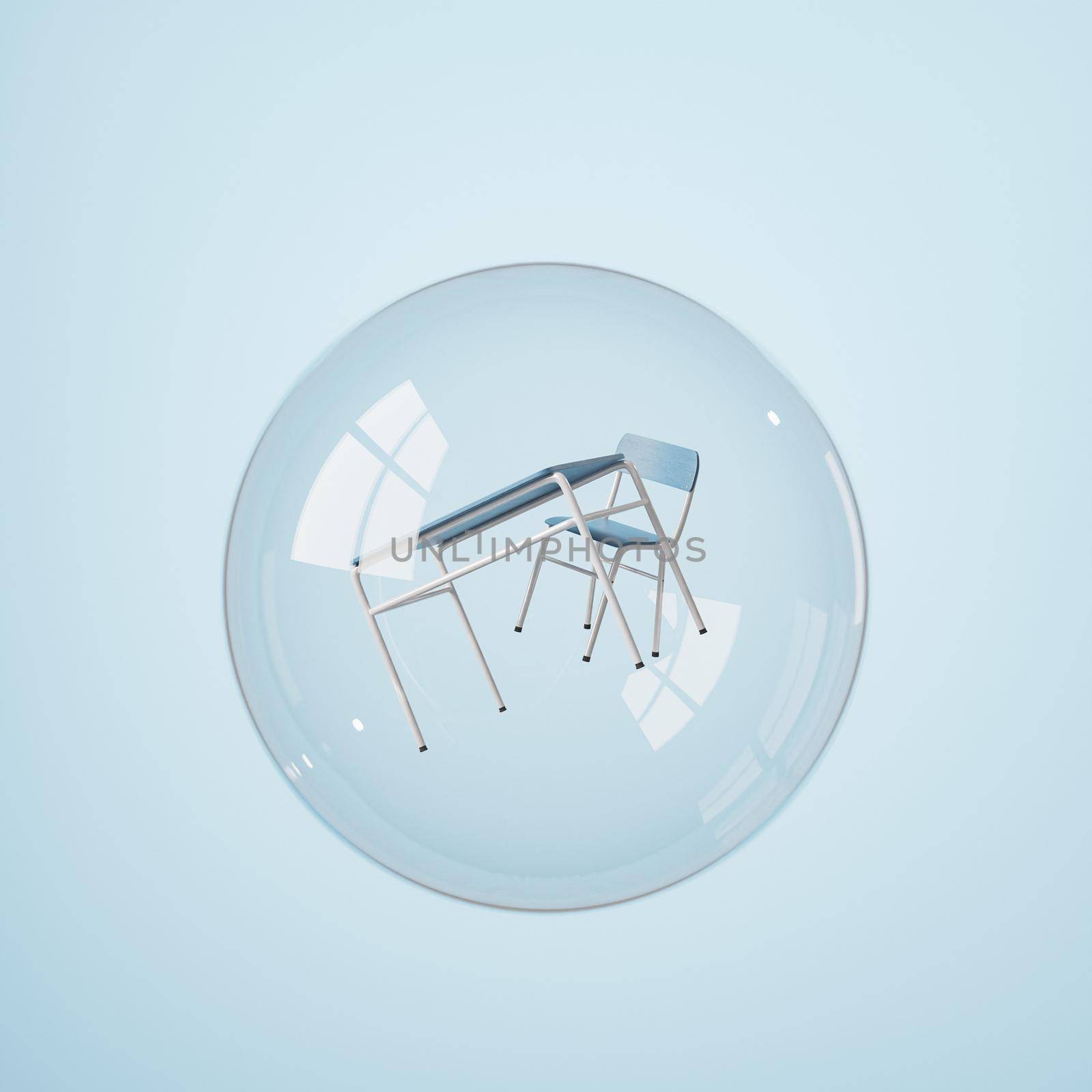 school desk inside a glass bubble floating in the air. concept of education, coronavirus, isolation and pandemic. 3d render