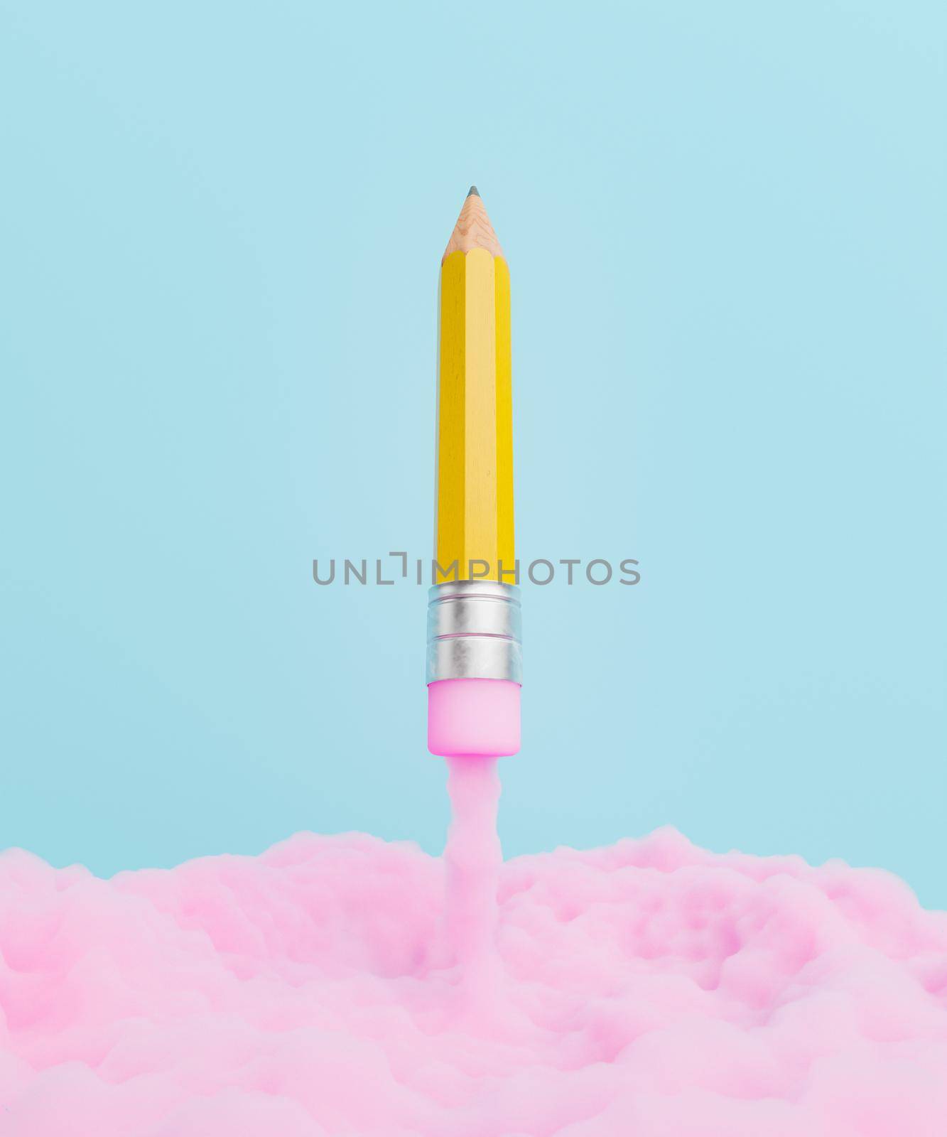 wooden pencil with eraser taking off from the ground with pink smoke cloud. minimal concept of brainstorming, creativity and learning. 3d render