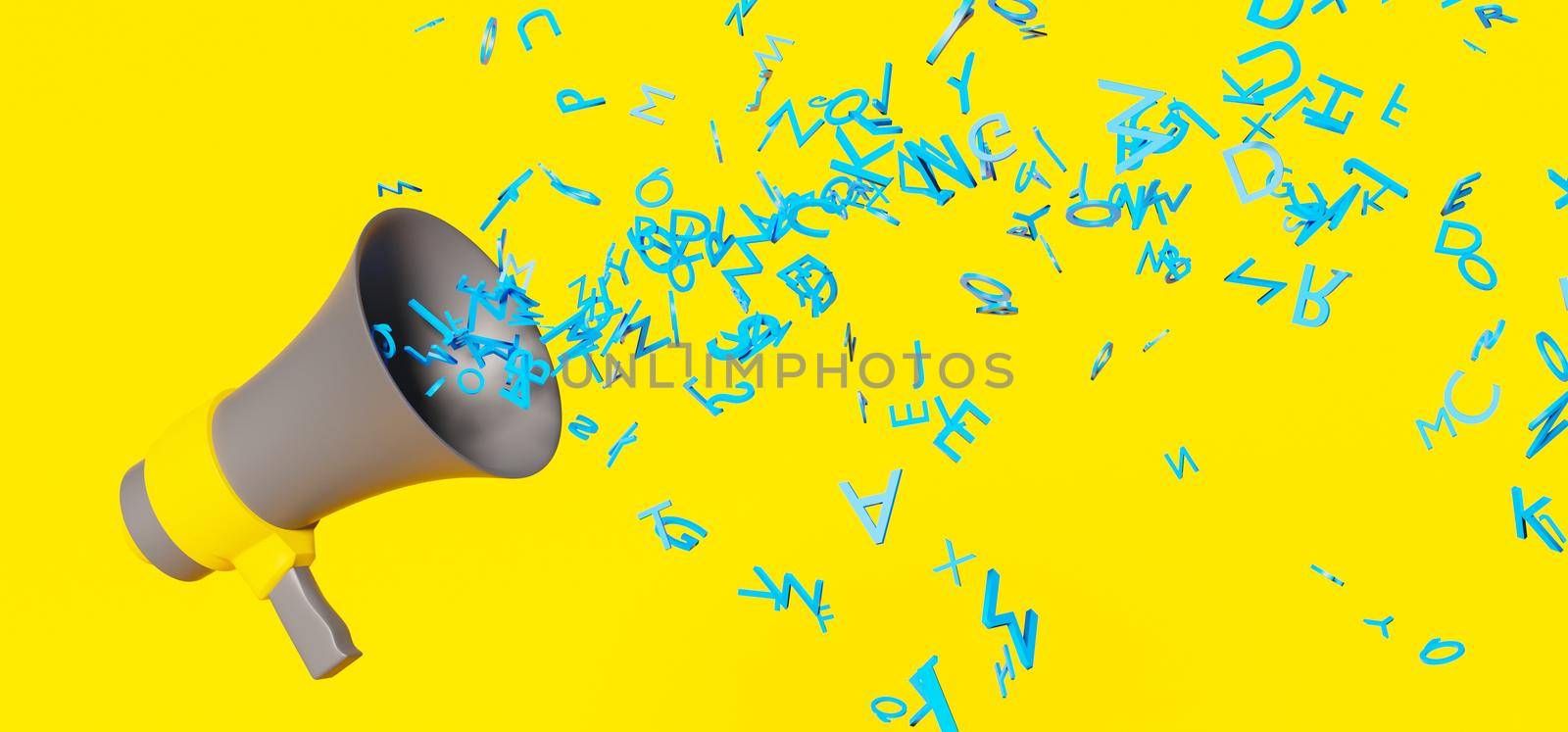 gray megaphone with yellow details throwing many blue letters by asolano