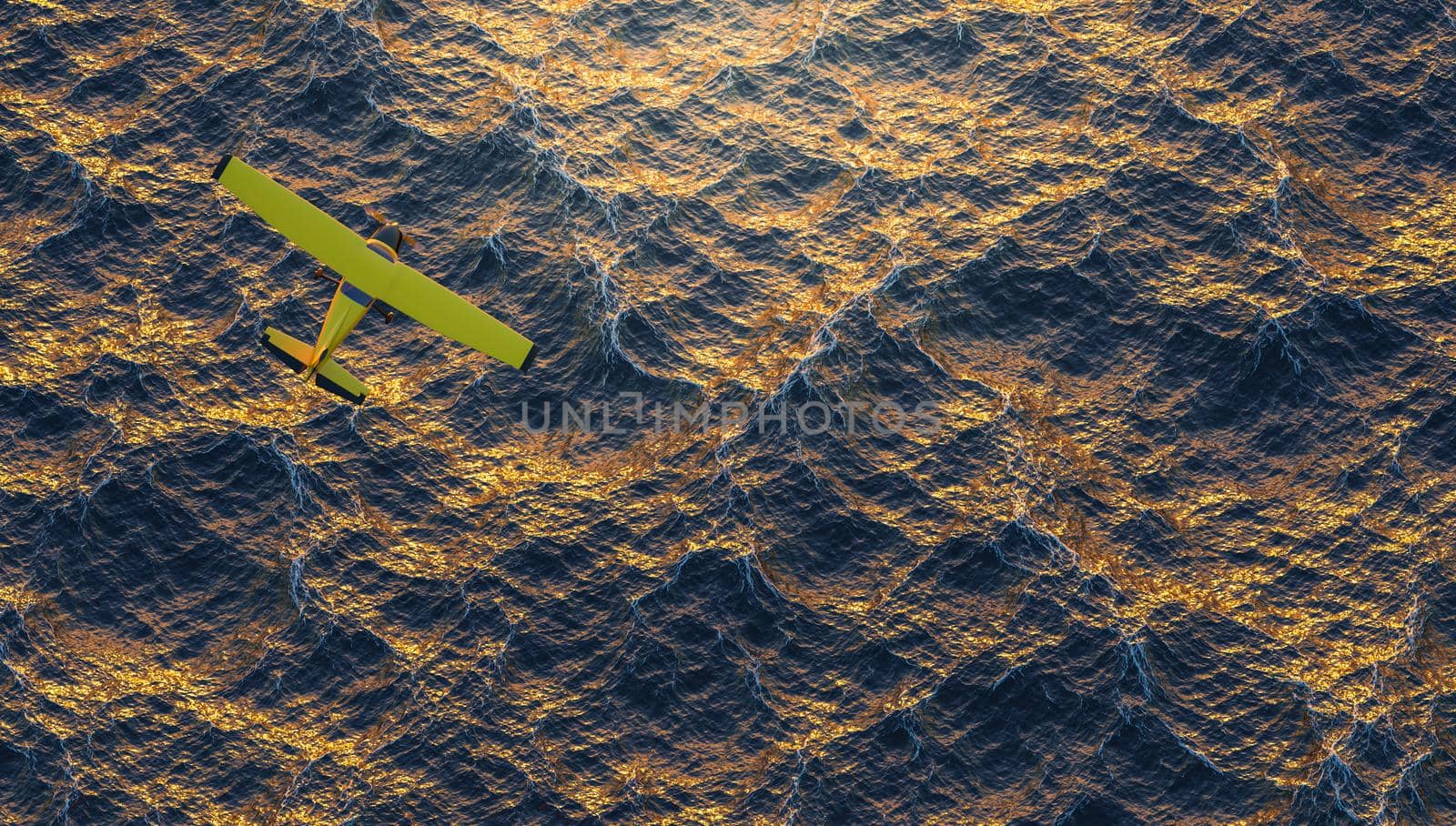 yellow plane flying over the ocean in an intense sunset. 3d render