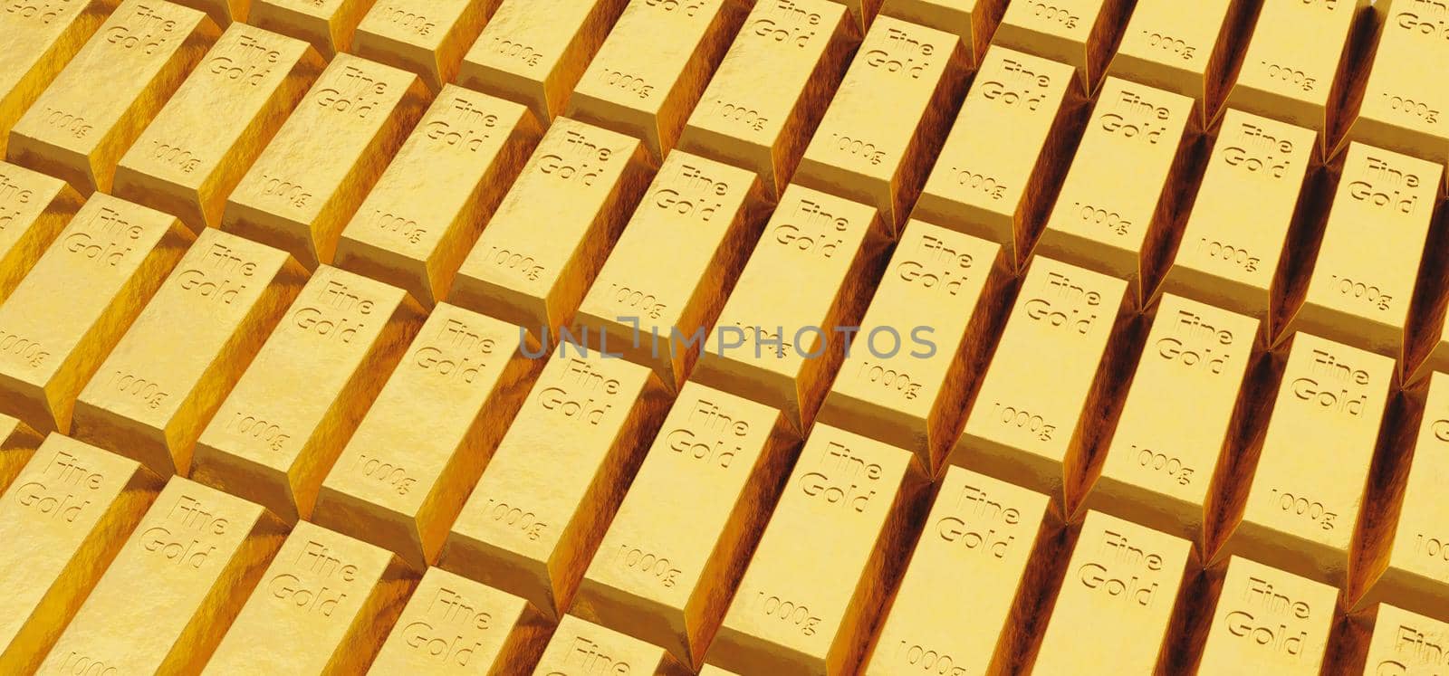 pattern of many fine gold bullion bars with intense light. 3d illustration
