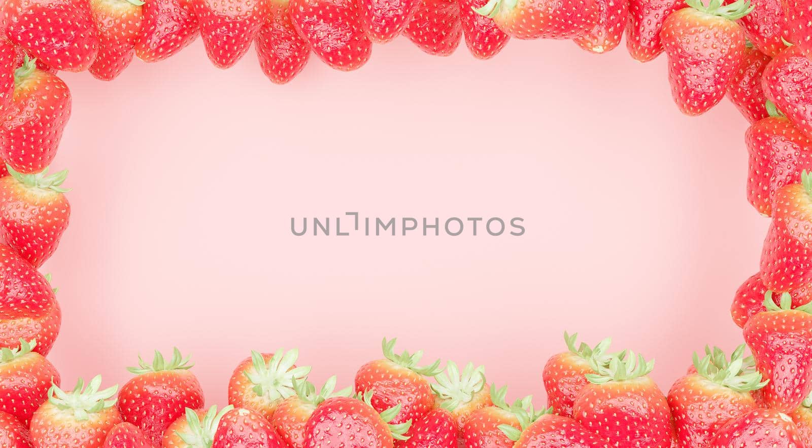 red banner with strawberries on the edges and clear center. copyspace. 3d rendering