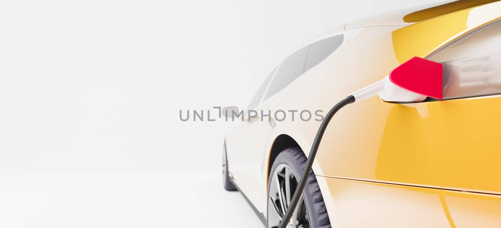 golden car banner connected to an electric charging station on a white illuminated background. 3d rendering