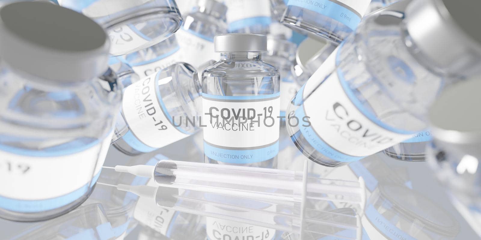 MANY CANS OF CORONAVIRUS VACCINE FALLING ON GLASS TABLE WITH REFLECTIONS AND SYRINGE