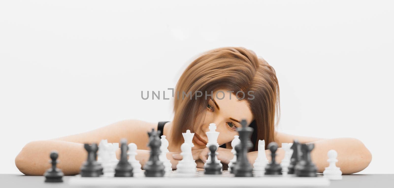 white girl watching a chess game perched on the table by asolano