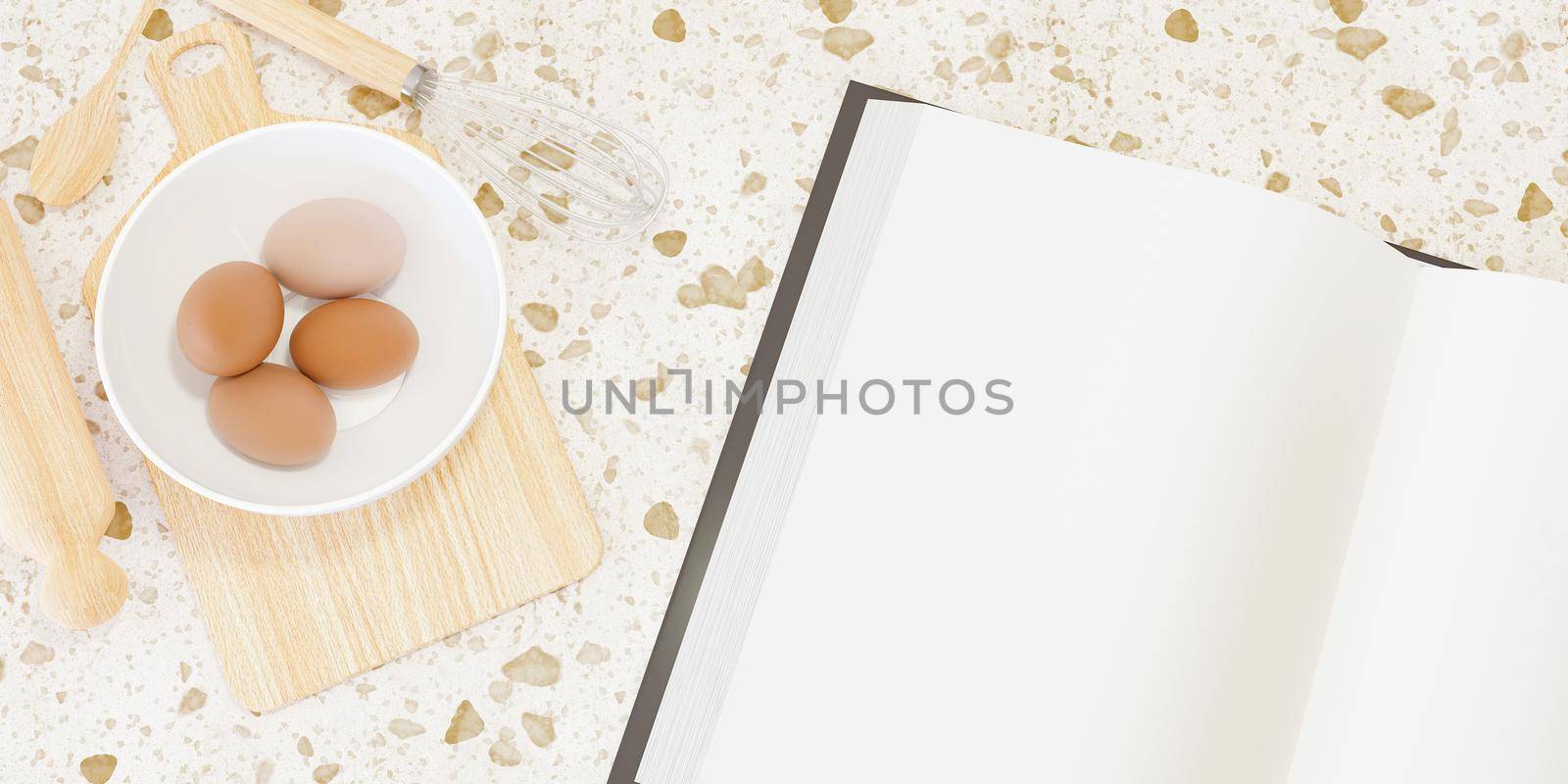 Wooden kitchen accessories for making cakes with a large blank book next to them and eggs inside a bowl. 3d rendering