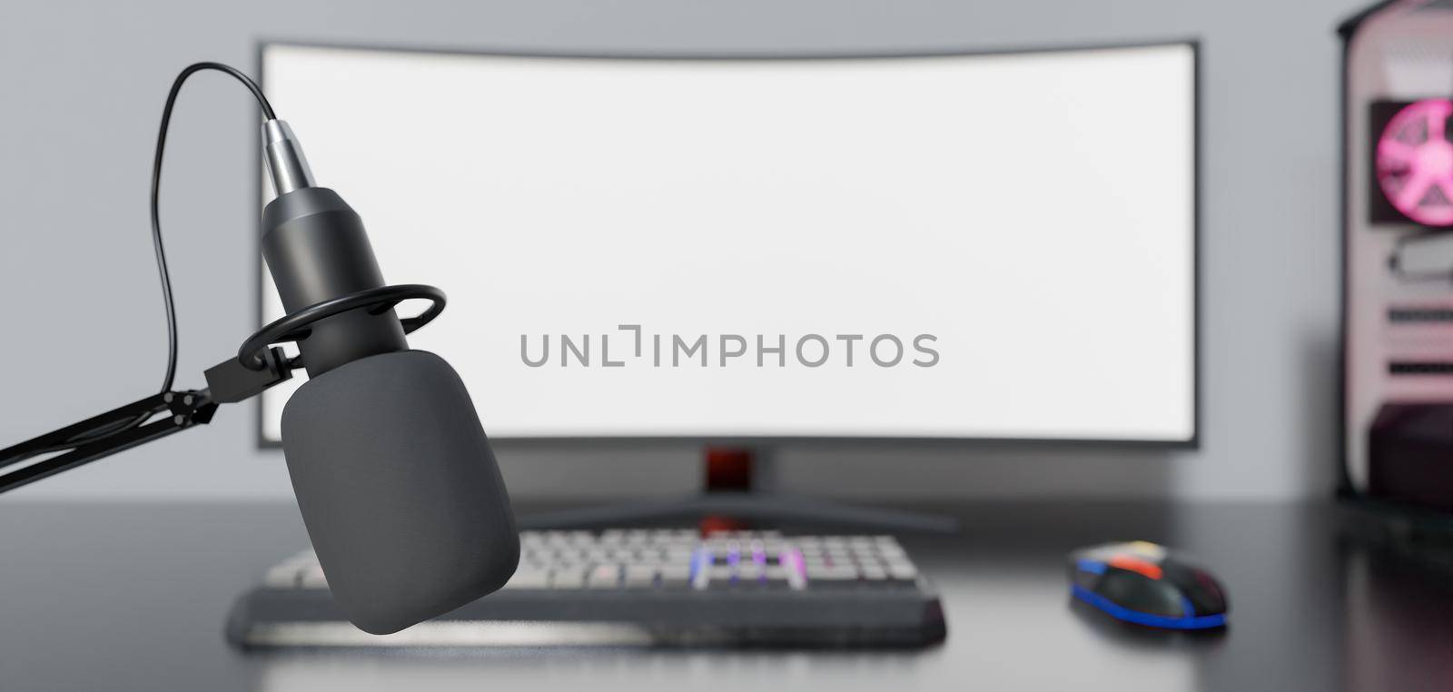 close-up of studio microphone with desk and gaming computer out of focus behind. 3d rendering