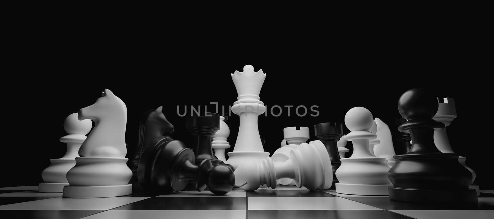 close-up of stacked chess pieces with the white queen standing out in the center. 3d rendering