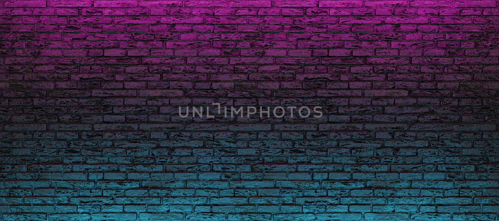 empty brick wall with blue and pink neon light. copyspace. 3d rendering