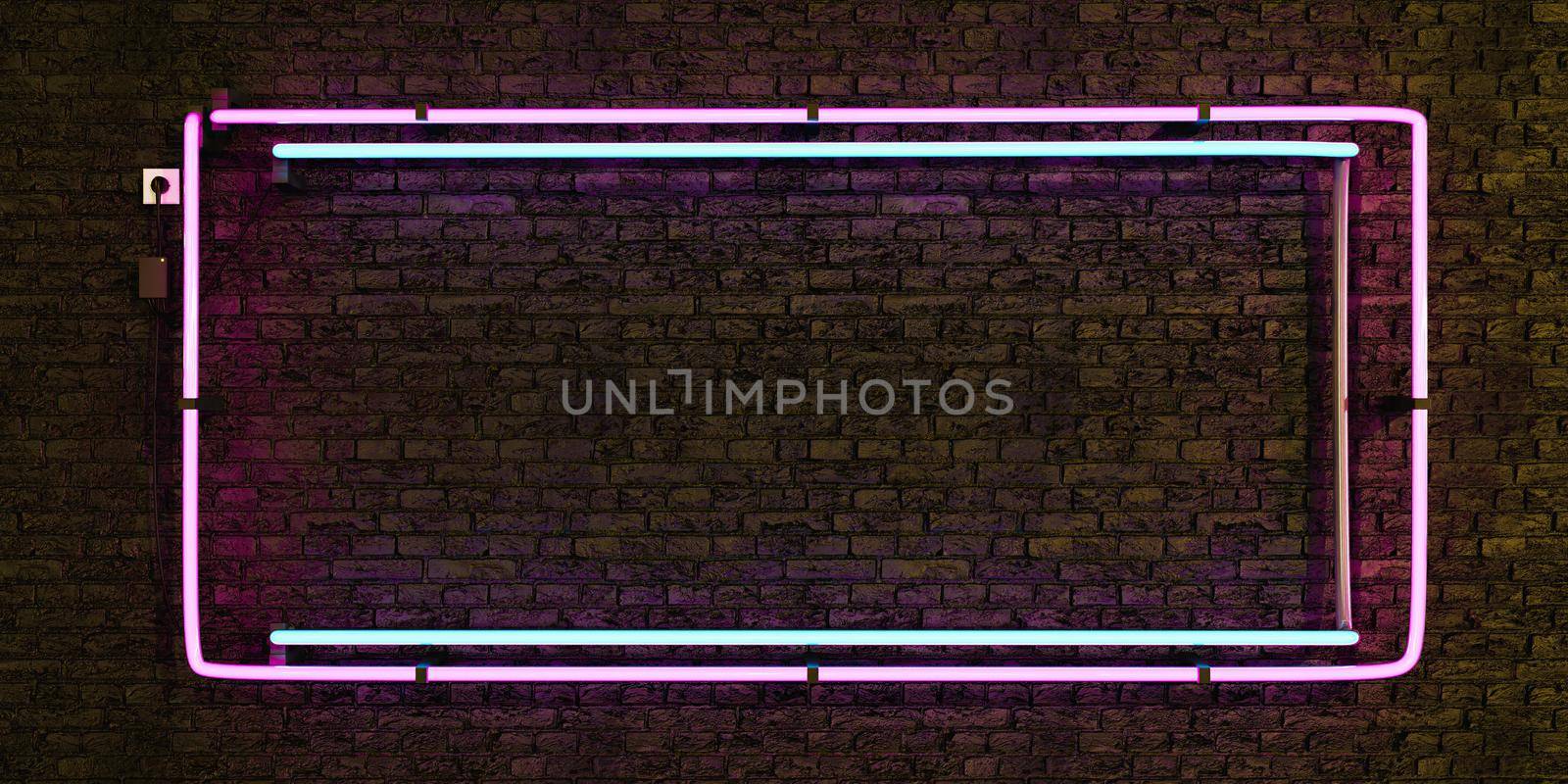 pink and blue realistic neon lamp empty frame on brick wall by asolano