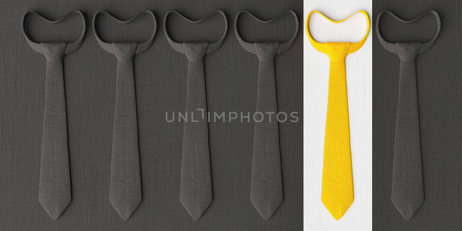 black fabric ties with one of them yellow on white stripe. 3d render