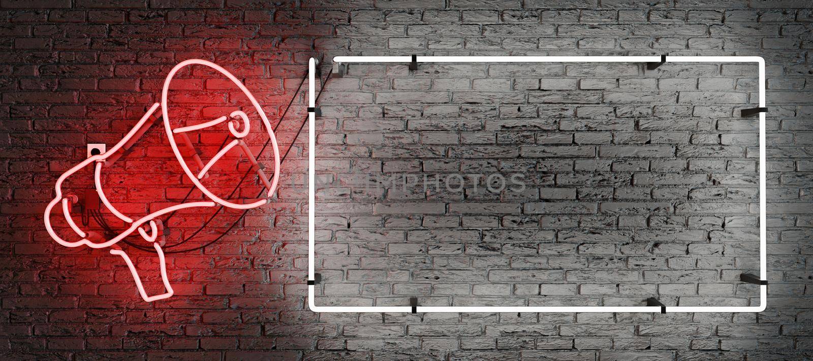 red neon megaphone and empty frame with space for text. 3d render