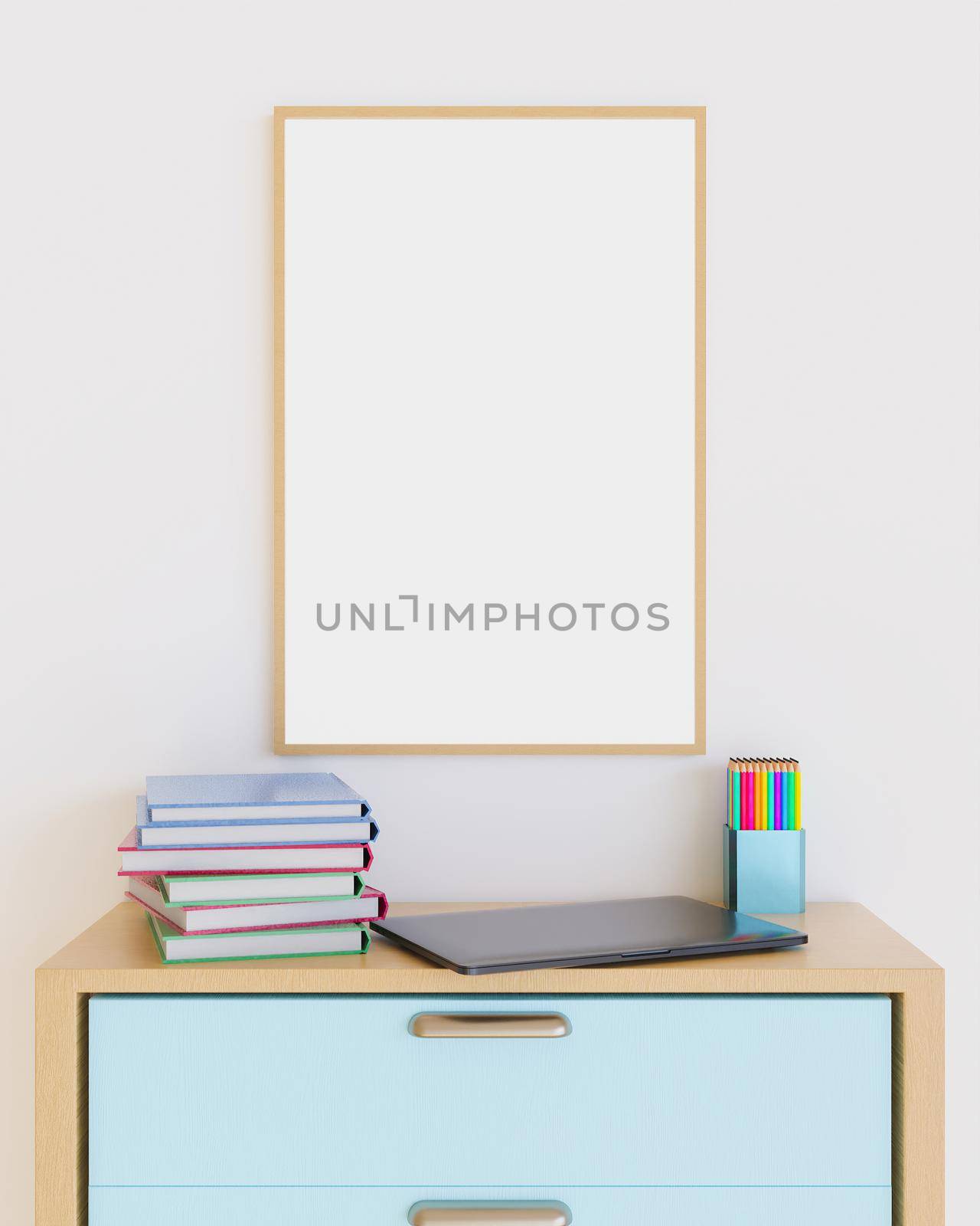 mockup of a wooden frame on a bedroom furniture with laptop, books and colored pencils on top. 3d rendering