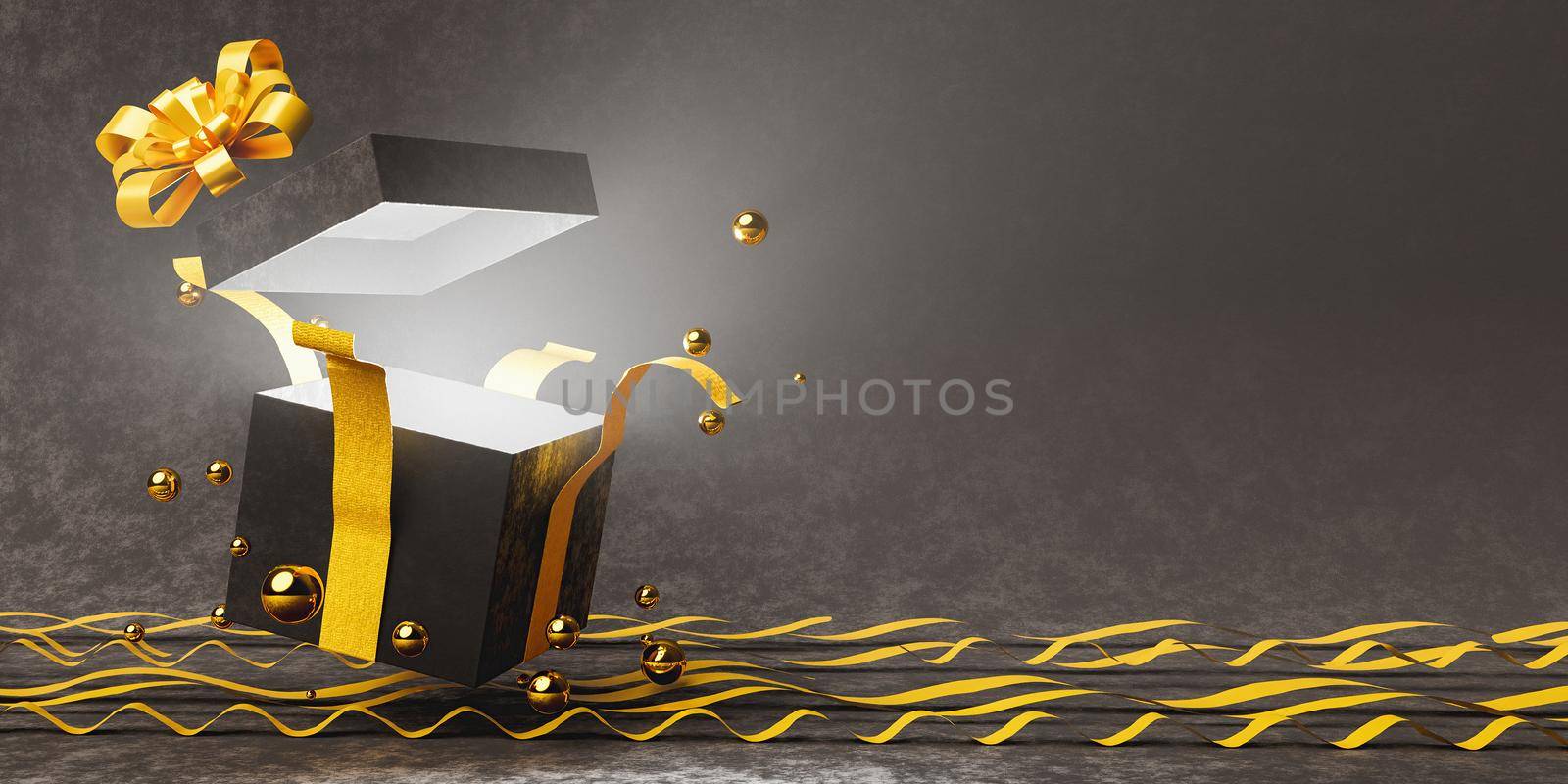 open gift box with lots of light coming out and golden spheres and bows on the velvet floor. copy space. 3d render