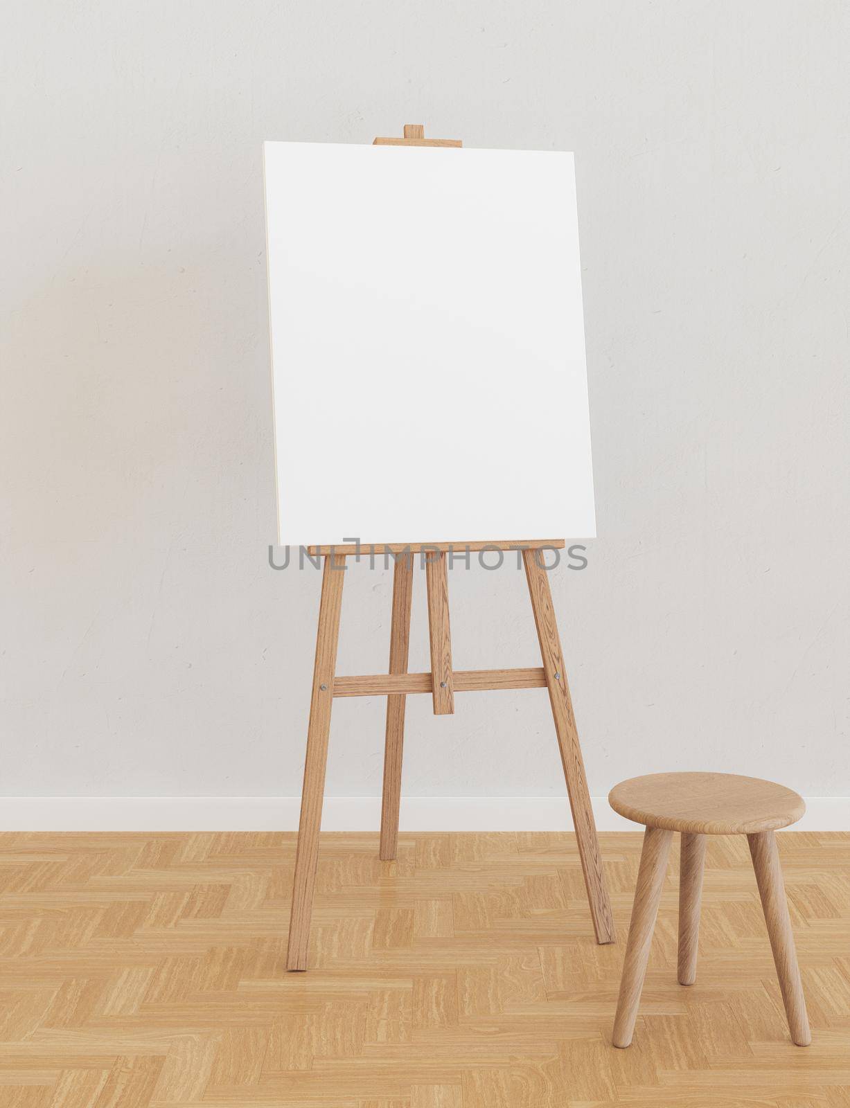 wooden easel with a blank canvas and a stool in front of it in a bright room with soft shadows and parquet floor. 3d render