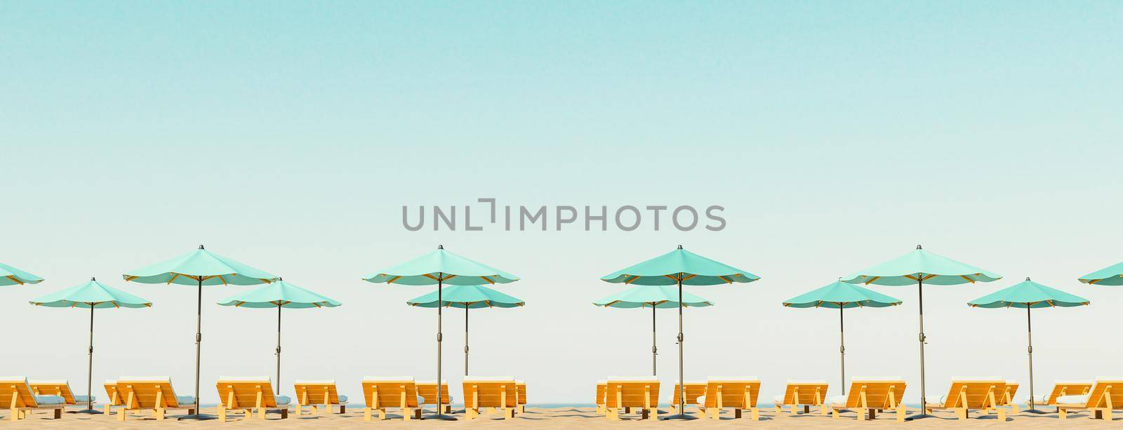 beach full of umbrellas and hammocks lined with the horizon of the sea in the background. 3d render
