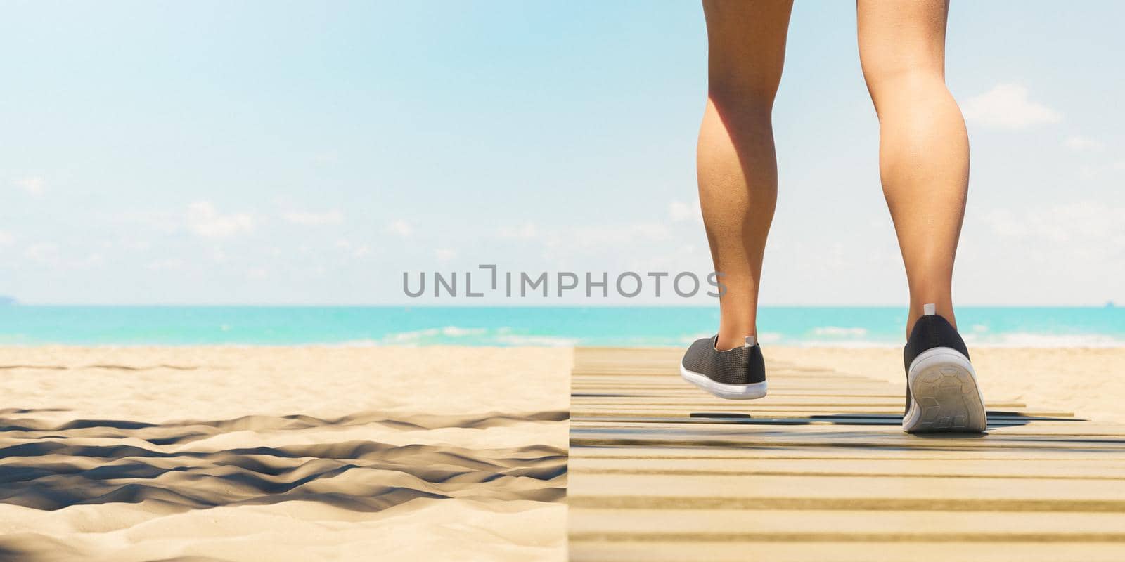 closeup of woman's legs walking on wooden path on beach sand towards the sea. 3d render