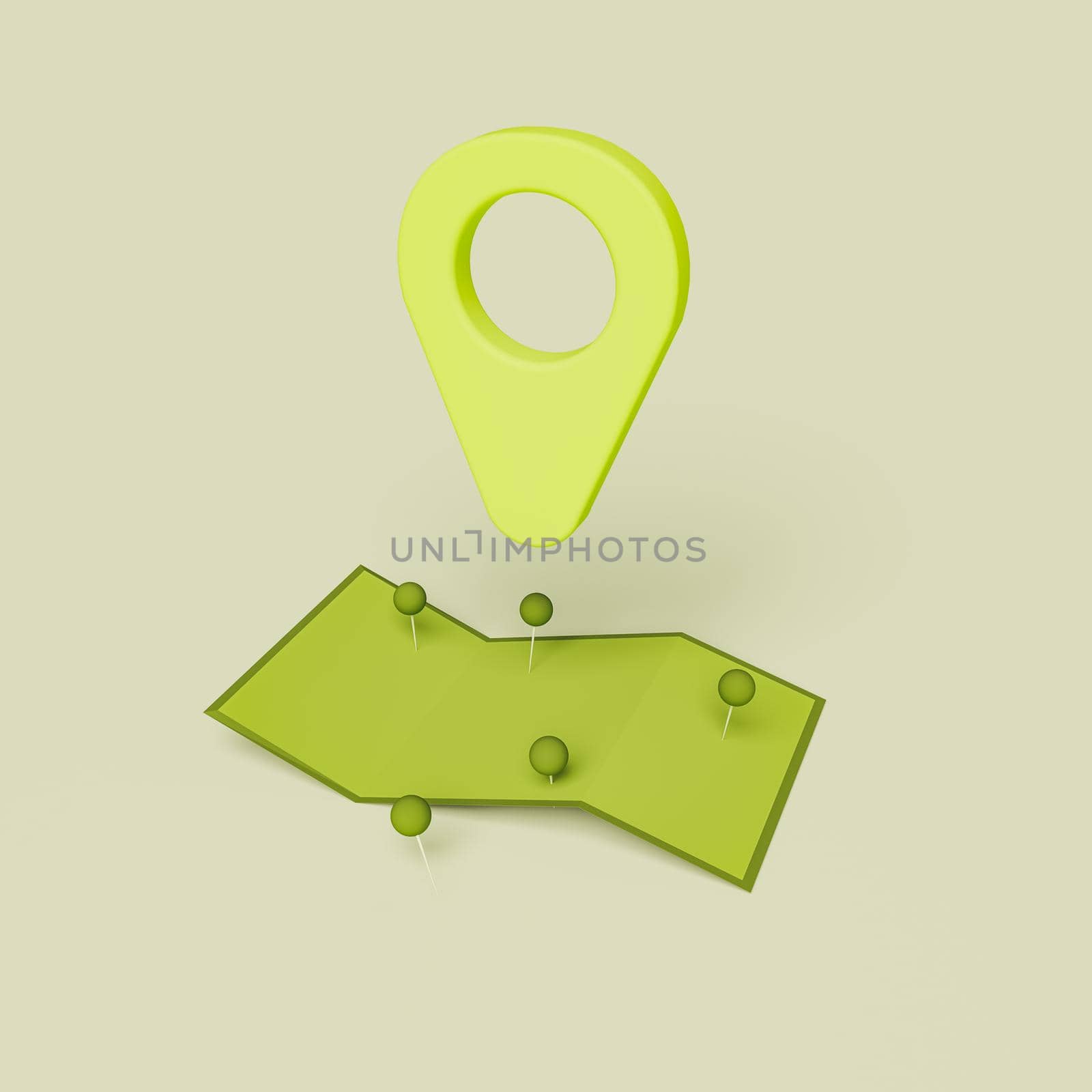 3d location pin with abstract map underneath and thumbtacks on top. minimal concept of travel, nature and transportation. 3d render