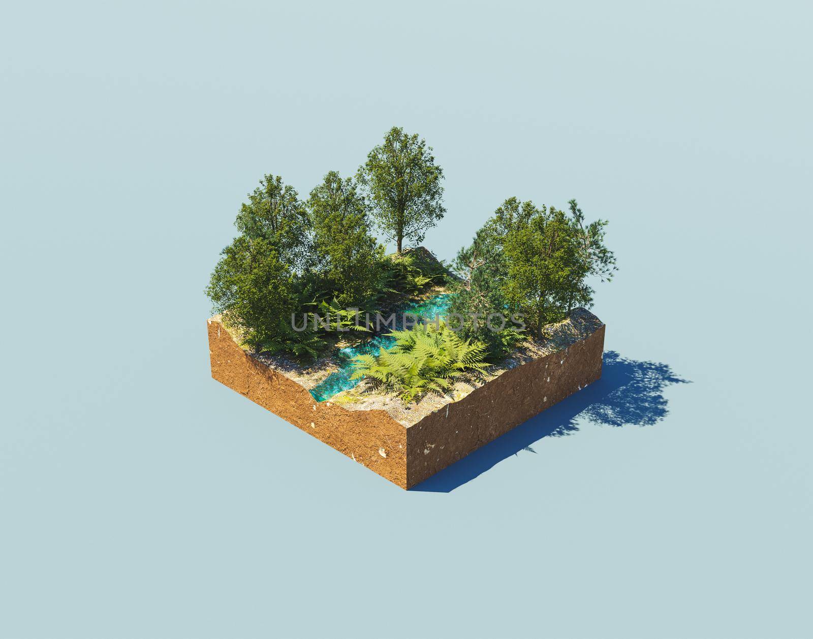 isometric illustration of a small nature corner with a river and trees around. 3d render