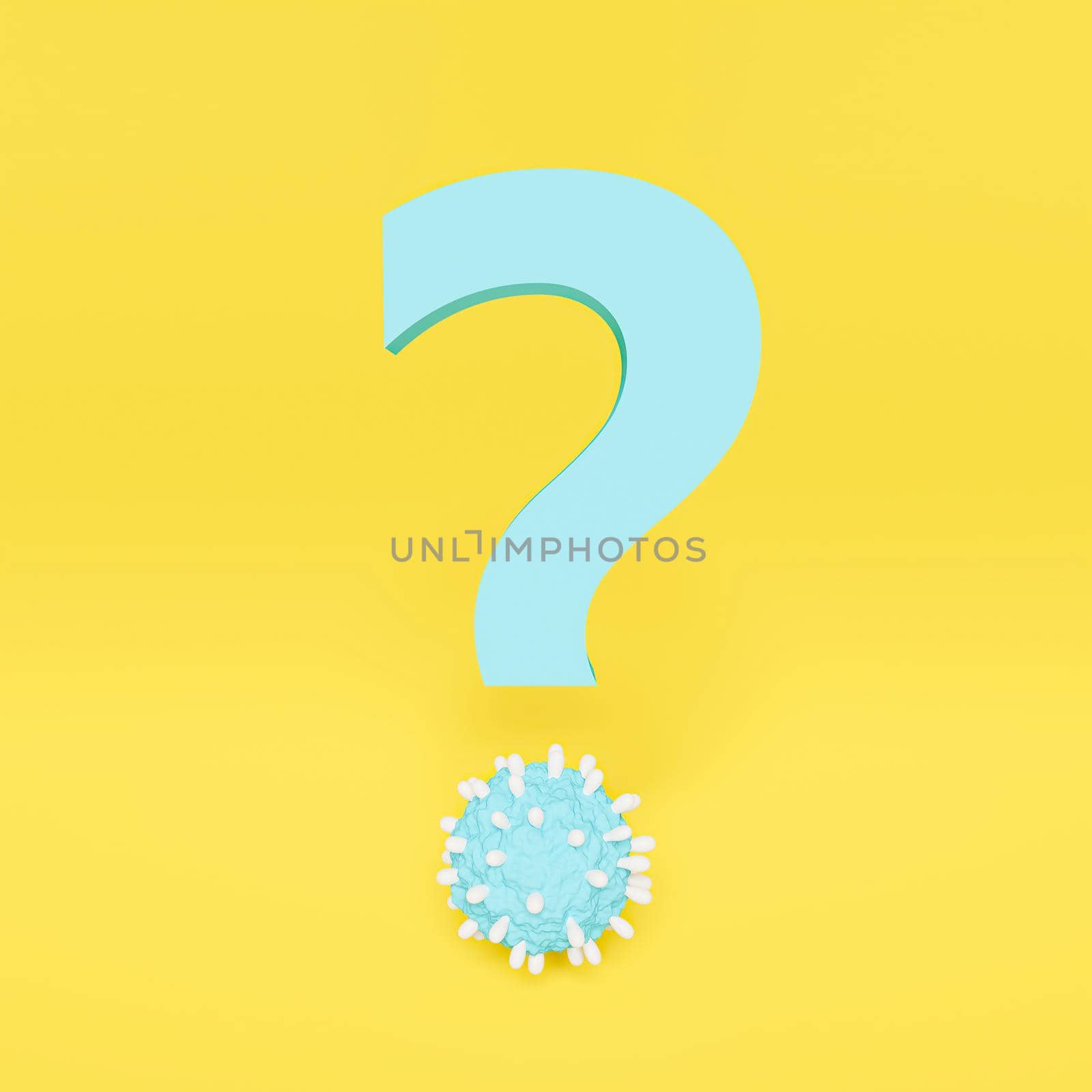 blue question mark with virus-shaped dot. yellow background. 3d rendering