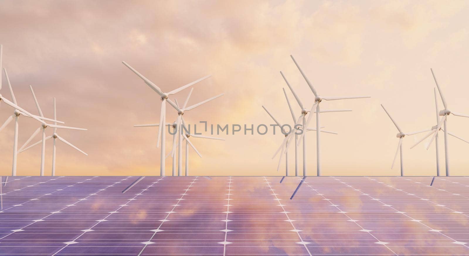 closeup of solar panel with windmills behind in a reflected warm sunset. environmental concept, renewable energy. 3d render