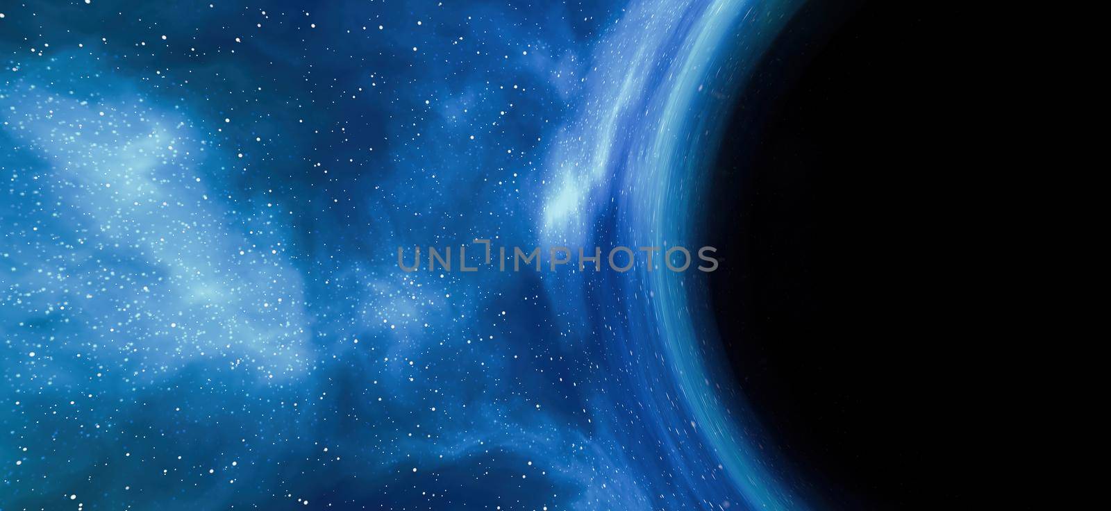 abstract background of black hole with stars and blue nebulosity around. deep space, unknown. 3d render