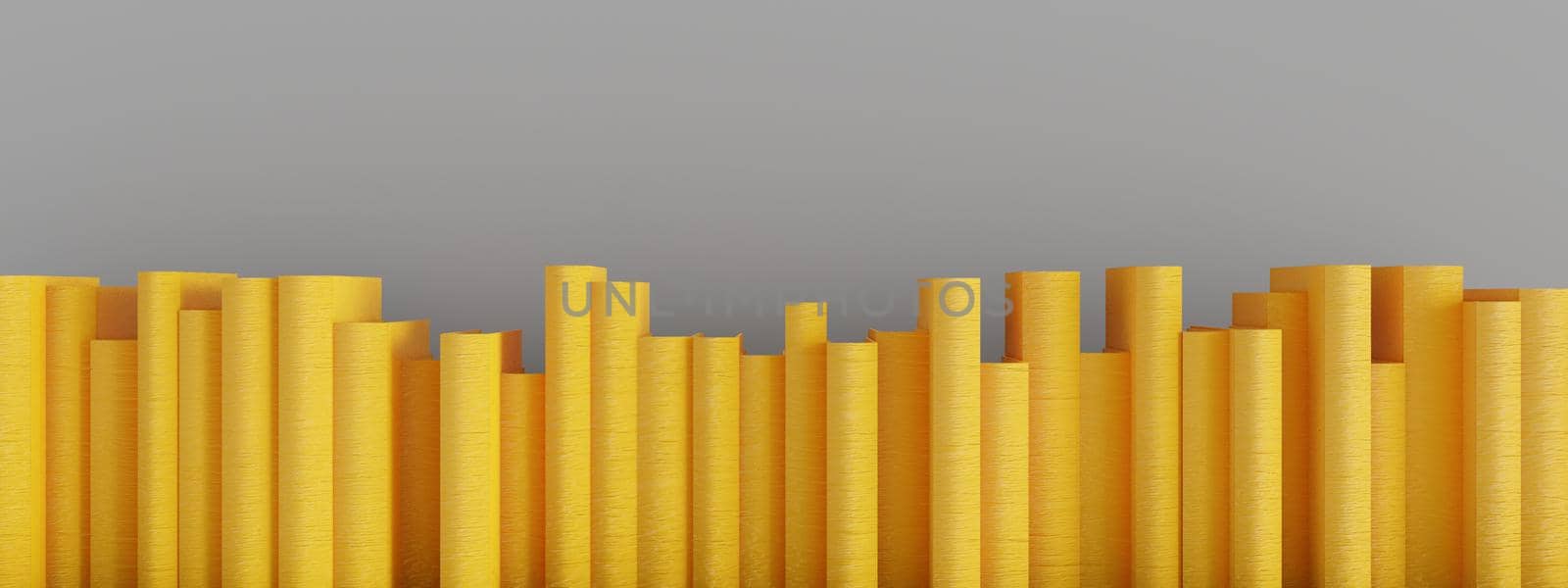 yellow books stacked vertically on gray wall with text space. 3d render