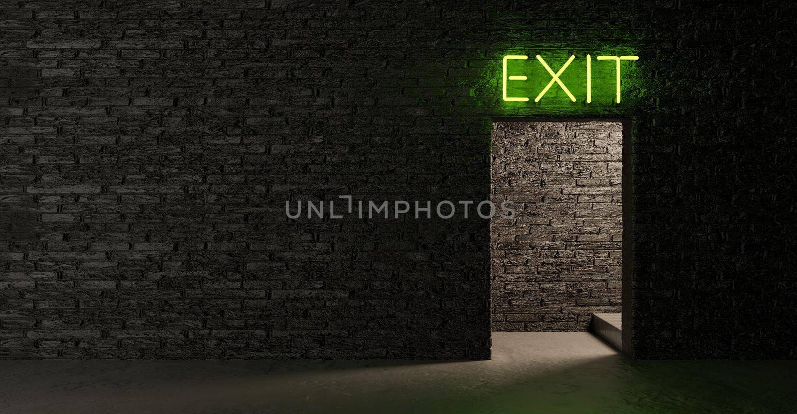 dark subway interior of brick walls with an illuminated door with neon EXIT sign above. space for text. 3d render