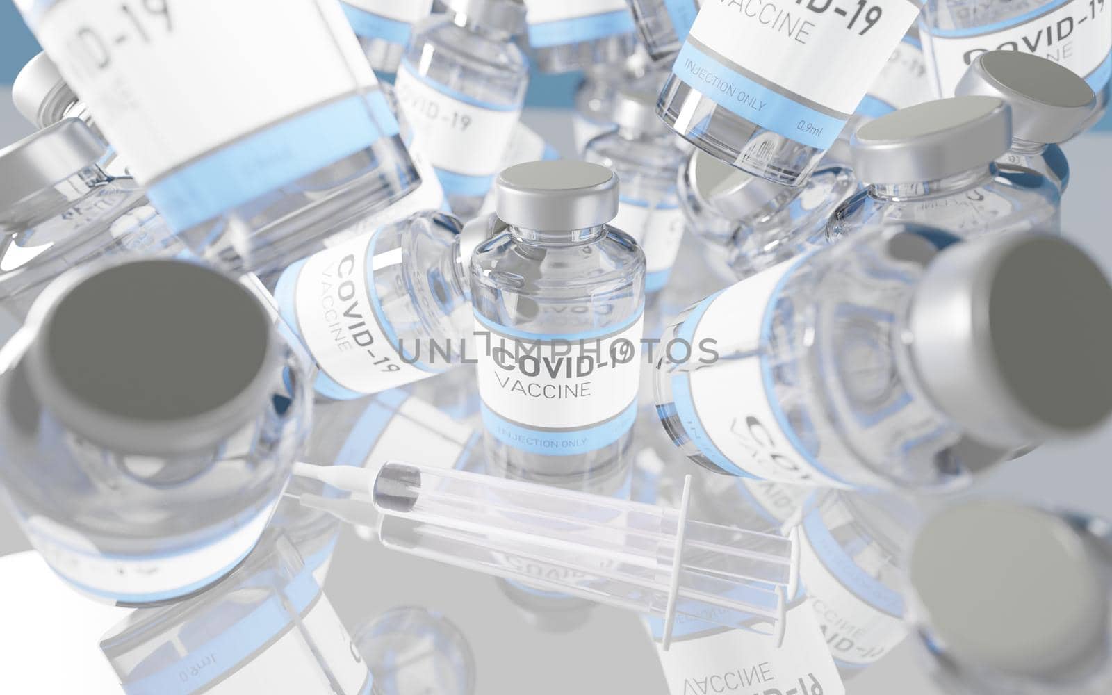 MANY CANS OF CORONAVIRUS VACCINE FALLING ON GLASS TABLE WITH REFLECTIONS AND SYRINGE